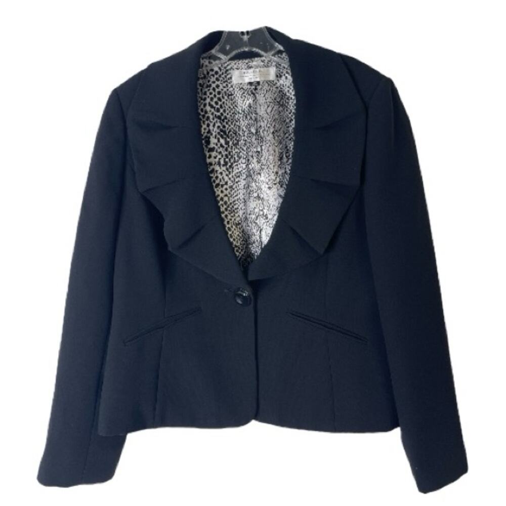 Tahari black ruffle preppy classic office evening blazer 14P